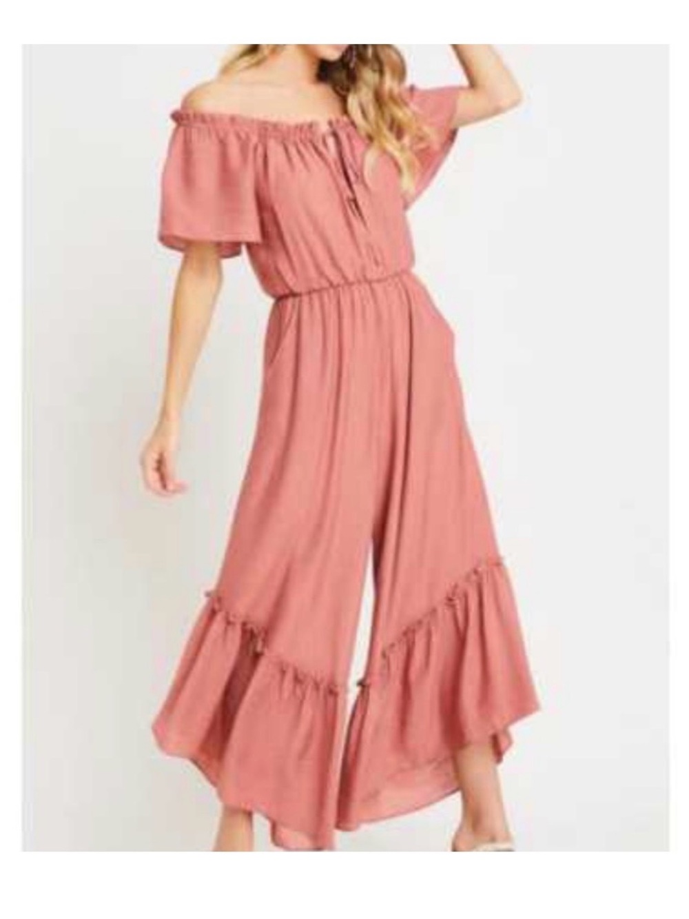Lush Off-Shoulder Wide-Leg Jumpsuit in Blush Rose size M